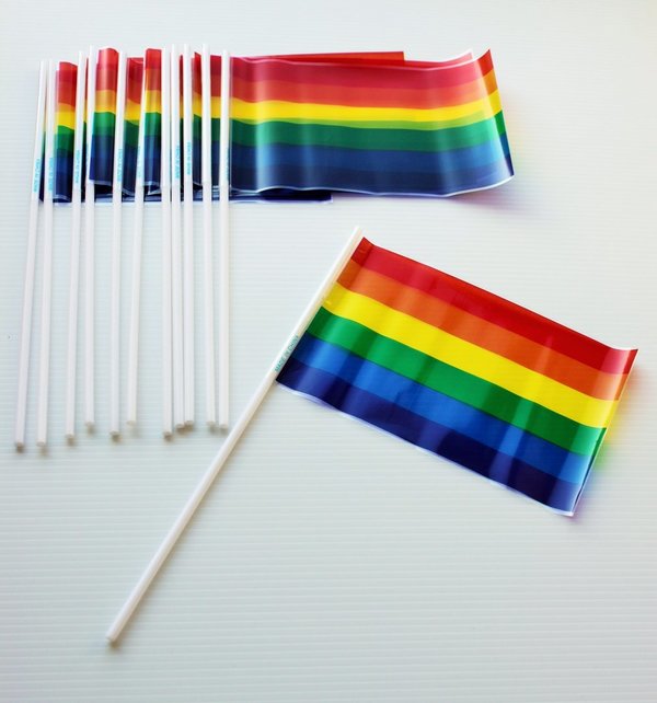 12er Set Regenbogen-Kunststoffflagge am Stiel, je 10 x 15 cm