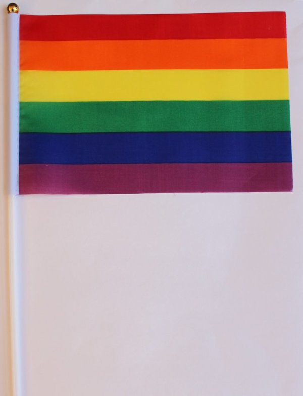 Regenbogen-Stabfahne M  (14 x 21 cm) mit schmalerem Rotstreifen